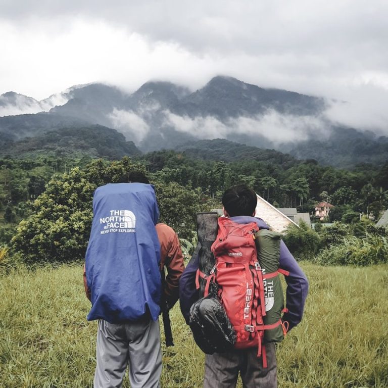 Nomads ready to go Two hikers with backpacks overlook a lush landscape and mountains under a cloudy sky.